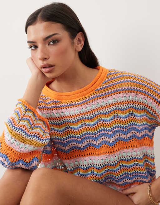 Kiwi & Co - Walking On Sunshine - Pull rayé à épaules tombantes en maille au crochet - Orange, 4 de 4