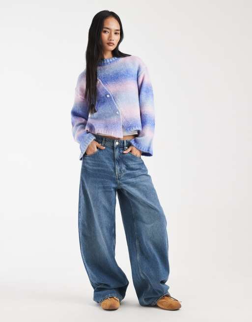 Kiwi & Co wool feel asymmetric button through flare sleeve cardigan in blue ombre, 2 of 4