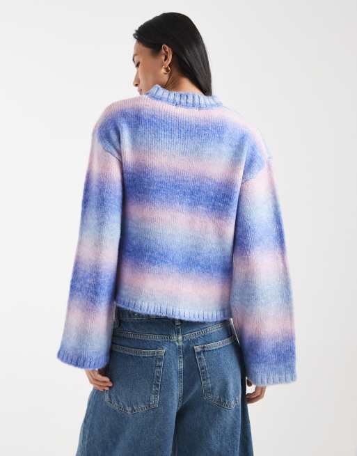 Kiwi & Co wool feel asymmetric button through flare sleeve cardigan in blue ombre, 4 of 4