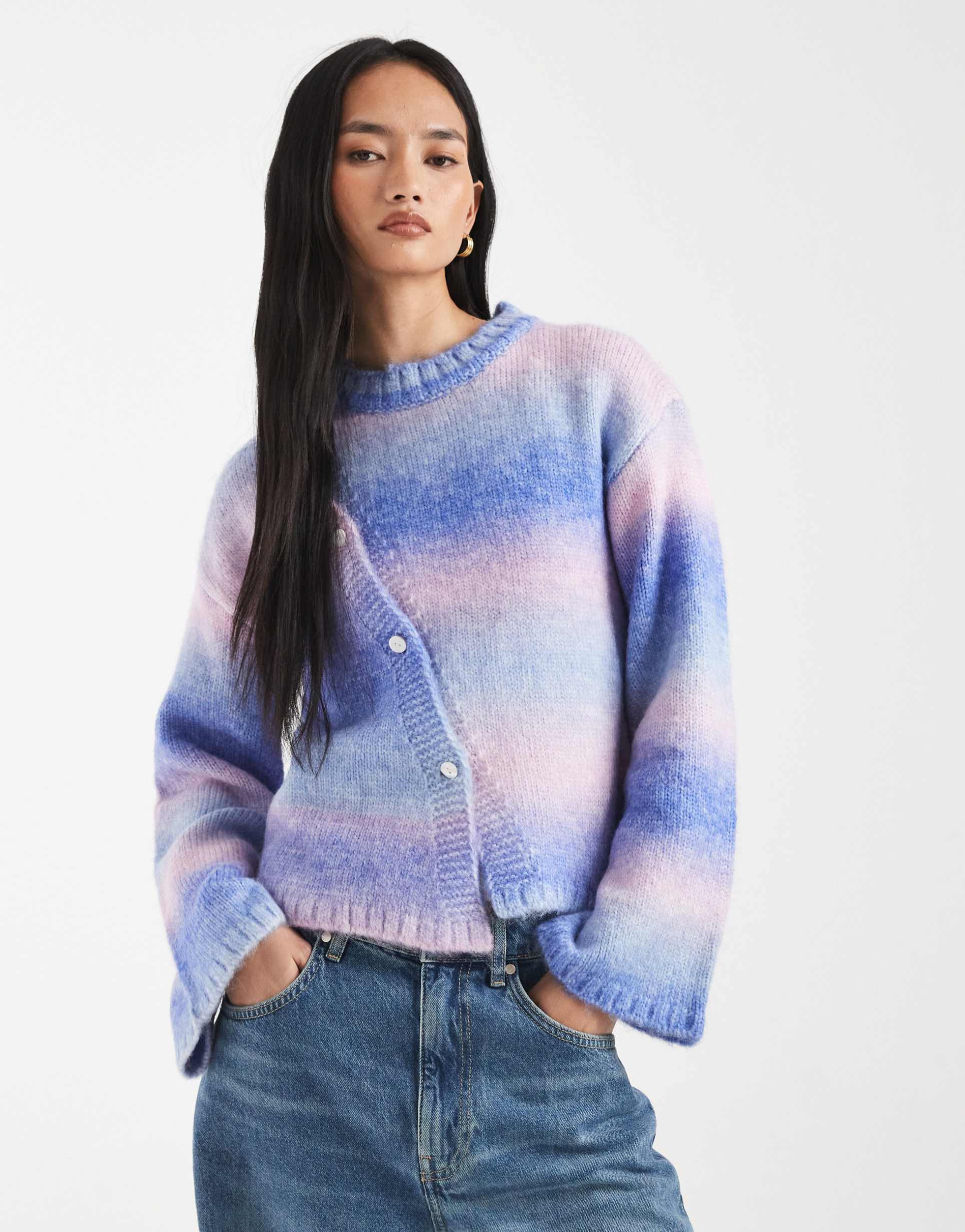 kiwi & co wool feel asymmetric button through flared sleeve cardigan in blue ombre