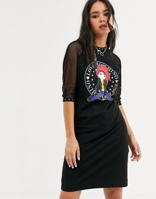 Kjole med netærmer og rocktøs-print fra Love Moschino-Sort