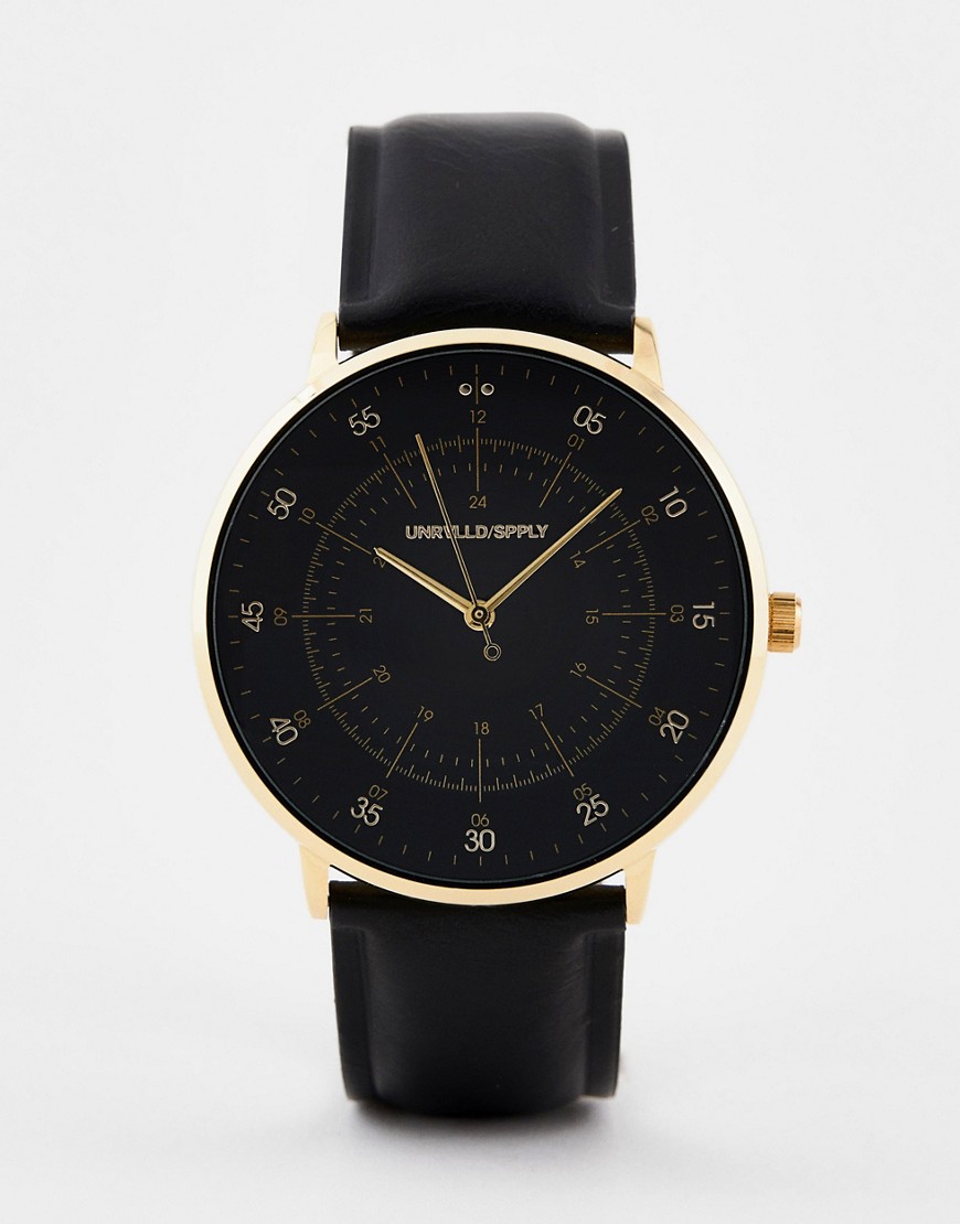 фото Классические часы с делениями золотистого цвета и черным ремешком из искусственной кожи asos design-черный