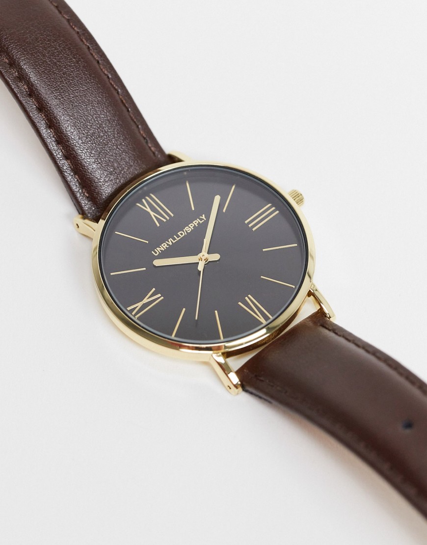 фото Классические часы с делениями золотого цвета и кожаным коричневым ремешком asos design-коричневый цвет