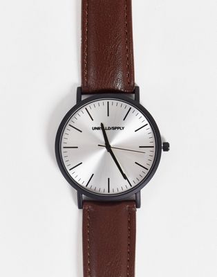 фото Классические часы с коричневым ремешком и черным матовым корпусом asos design-коричневый цвет