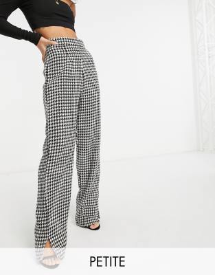 Брюки для миниатюрных  Asos Классические черные брюки с завышенной талией, разрезами на штанинах и узором «гусиная лапка» NaaNaa Petite-Черный цвет