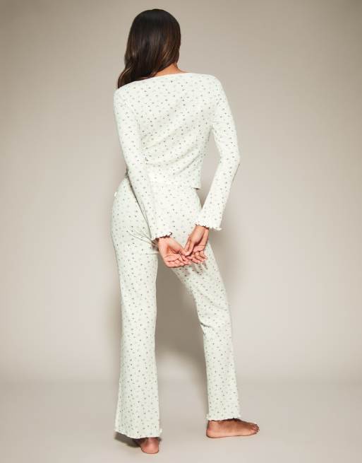 Knickerbox Bridal knickerbox floral ribbed long sleeve pyjama top & trouser set in ivory, 3 of 4