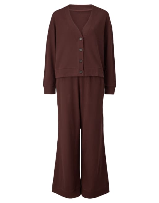 Knickerbox cotton waffle long sleeve pyjama top & trousers set in brown, 4 of 4