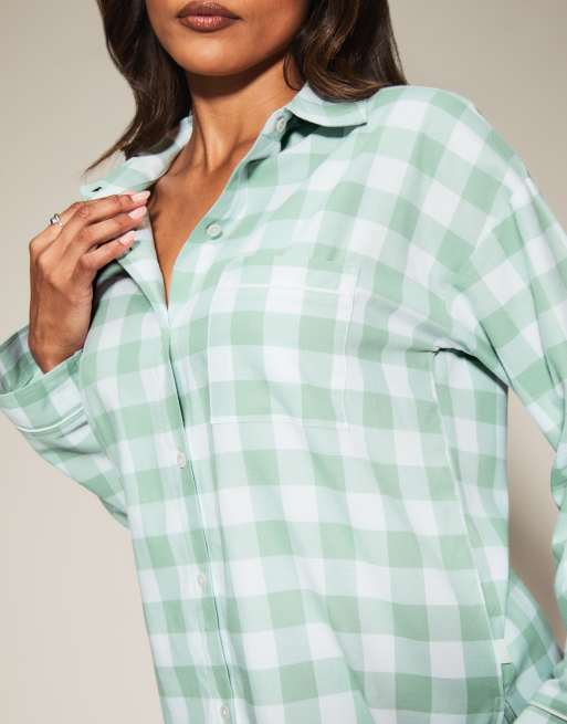 Knickerbox gingham pyjama shirt & shorts set in mid green, 3 of 4