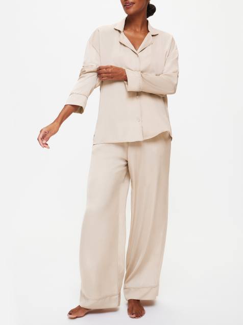 Knickerbox Knickerbox hattie satin revere pyjama shirt & trouser set in beige - view 1