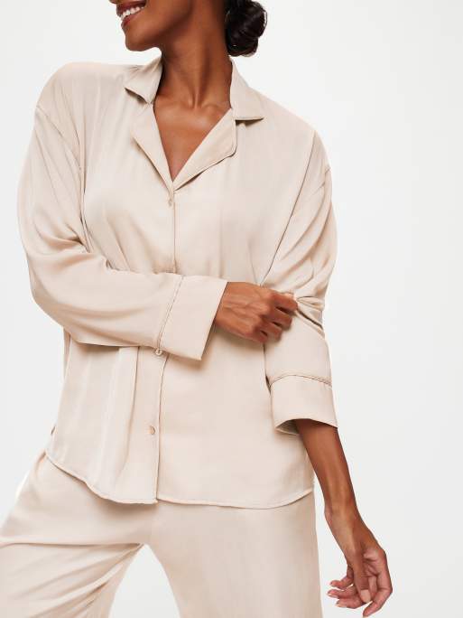 Knickerbox Knickerbox hattie satin revere pyjama shirt & trouser set in beige, 2 of 4