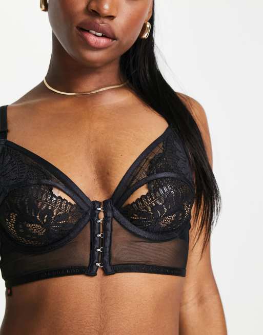 Knickerbox Planet Serenity Seduction sheer mesh and cut out lace longline bra in black, 3 of 4