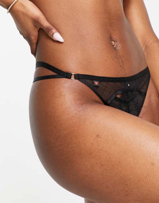 Knickerbox Planet Serenity Seduction sheer mesh and cut out lace thong in black, 4 of 4