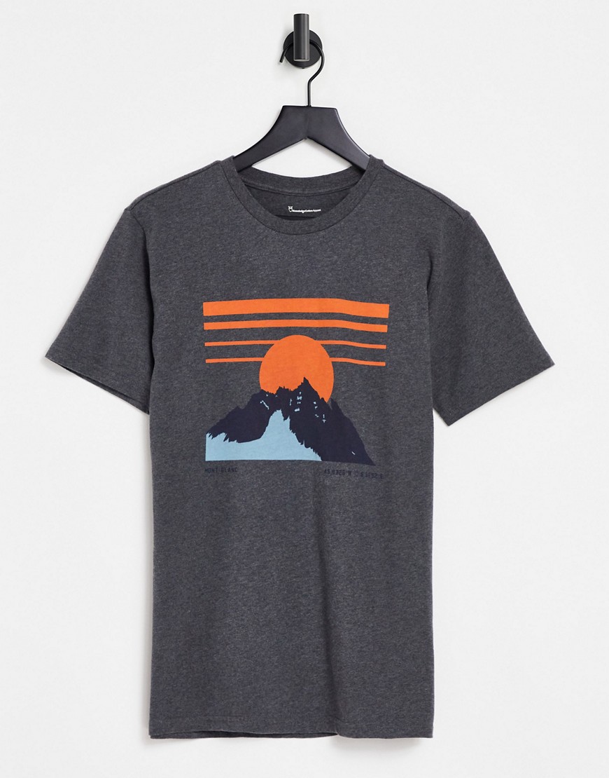 Knowledge Cotton Apparel - T-shirt van biologisch katoen met bergprint in grijs