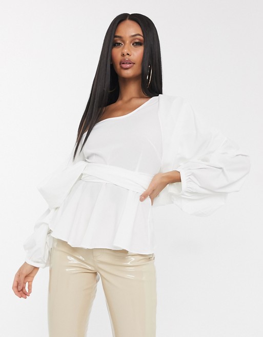 Koco & K bardot gathered wrap blouse with exaggerated sleeve in white