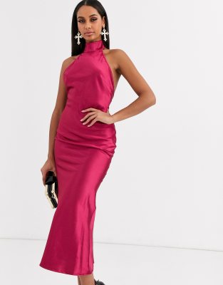 high neck satin dress