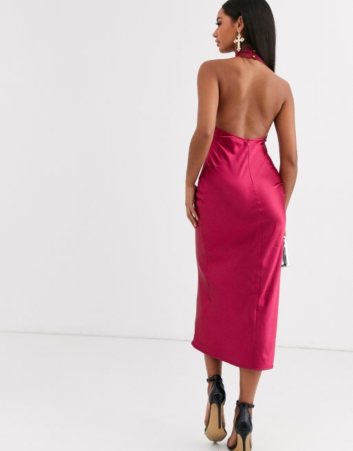 Koco & K high neck satin midaxi dress in fuschia