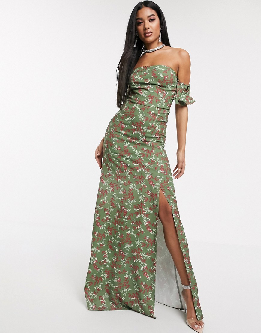 Koco & K - Lange jurk met split en blote schouders in bloemenprint-Multi