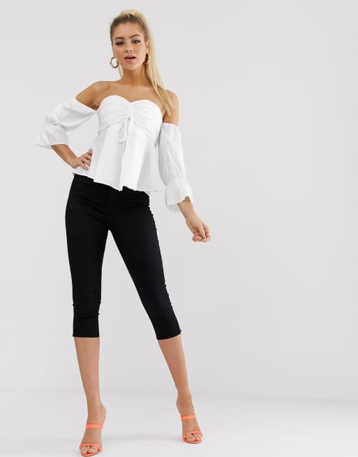 Koco & K milkmaid lace up front top with bell sleeve in white, 4 of 4