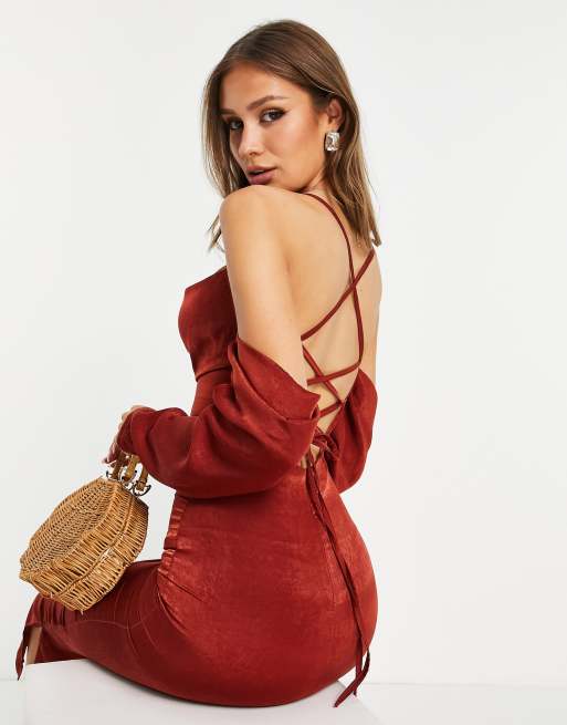 Koco & K off shoulder strappy back midi dress in red