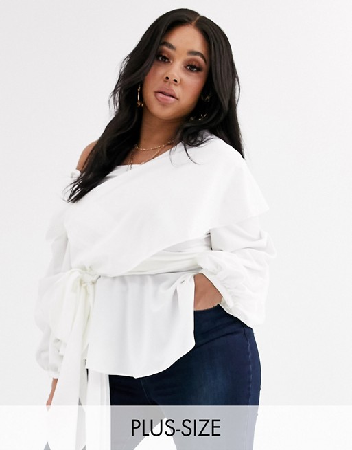 Koco & K Plus bardot gathered wrap blouse with exaggerated sleeve in white