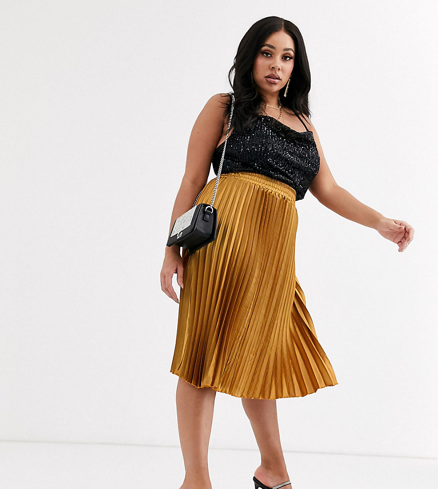 Koco & K Plus high waisted pleated midi skirt in gold