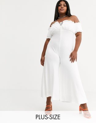 plus size white off the shoulder jumpsuit