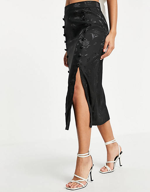 Koco & K satin maxi skirt with thigh splits in black floral | ASOS