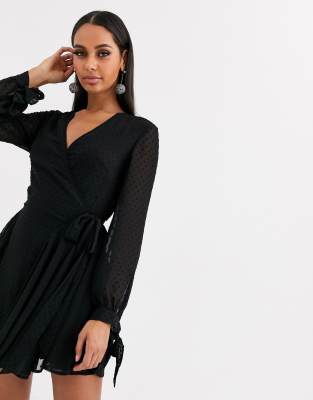 Koco & K wrap frilly skater tea dress in black