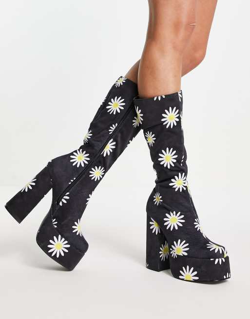 KOI Crazy Daisy platform knee boots in black   