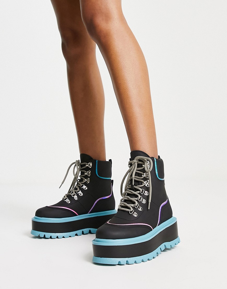 Koi Footwear Koi flatform pastel contrast lace up boots in black mix-Multi