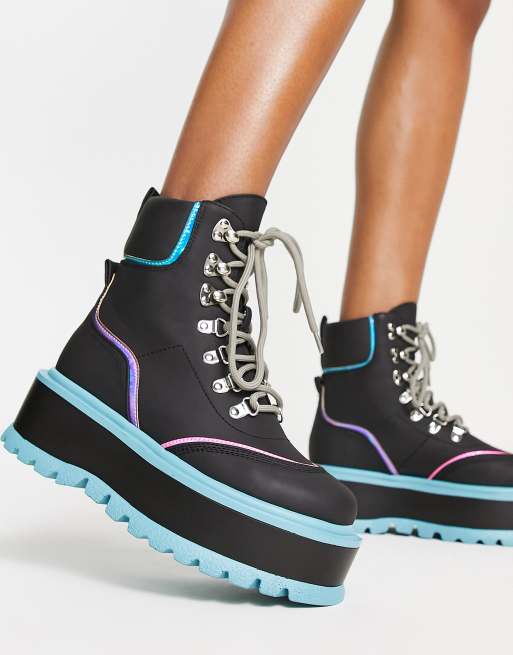 Koi flatform pastel contrast lace up boots in black mix, 2 of 4