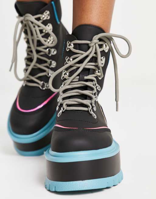 Koi flatform pastel contrast lace up boots in black mix, 3 of 4