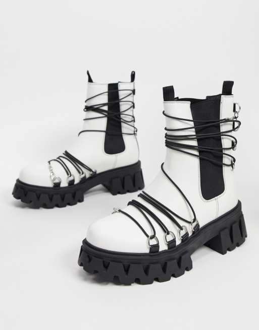Koi Footwear Allegiance chunky boots with black laces in white 