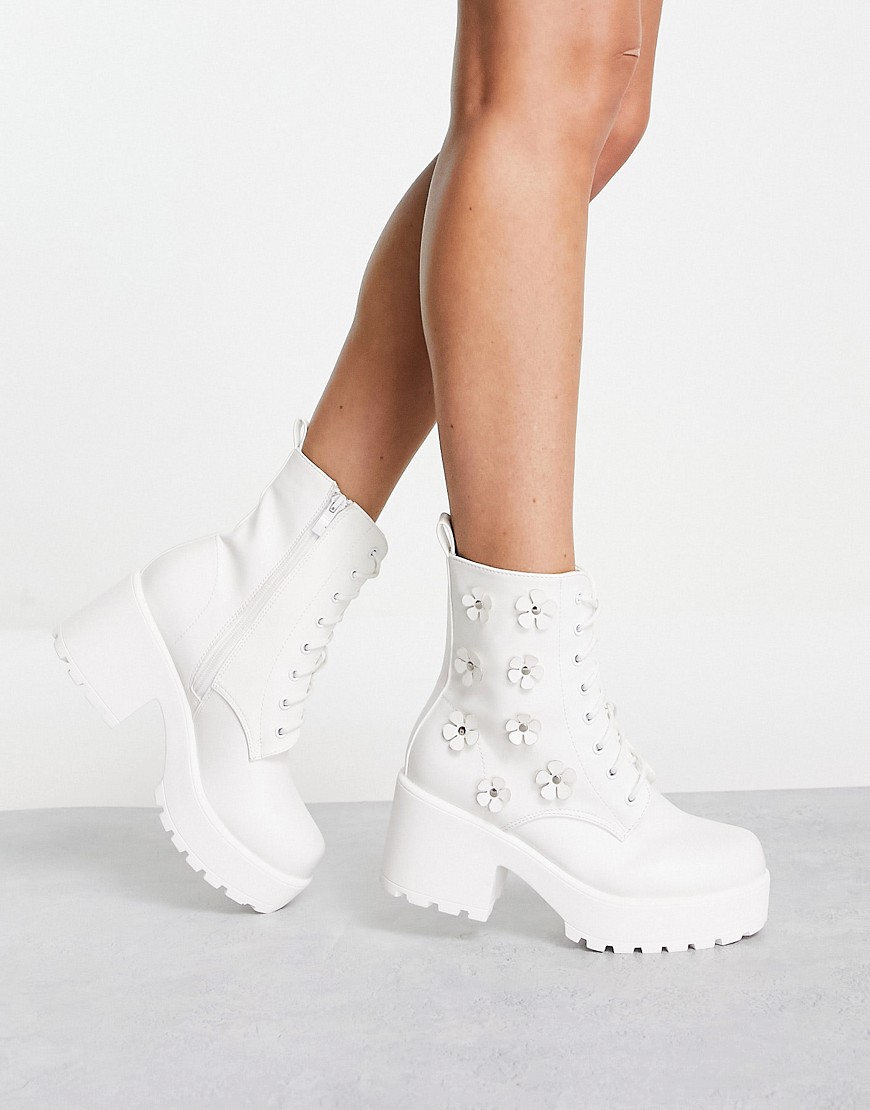 Koi Footwear Amabalis vegan-friendly platform boots in white with 3D flowers
