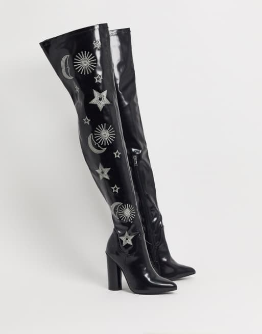 Koi Footwear Astrid over the knee boots in black and silver