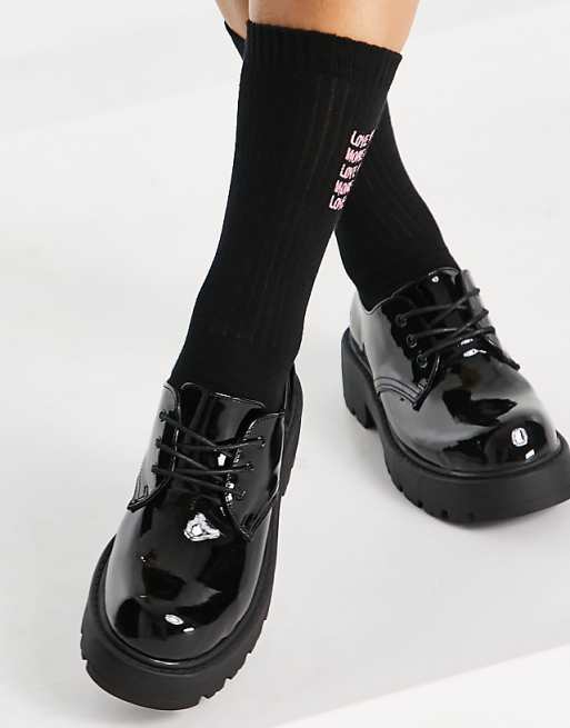 Koi Footwear chunky lace up flat shoes in black | ASOS