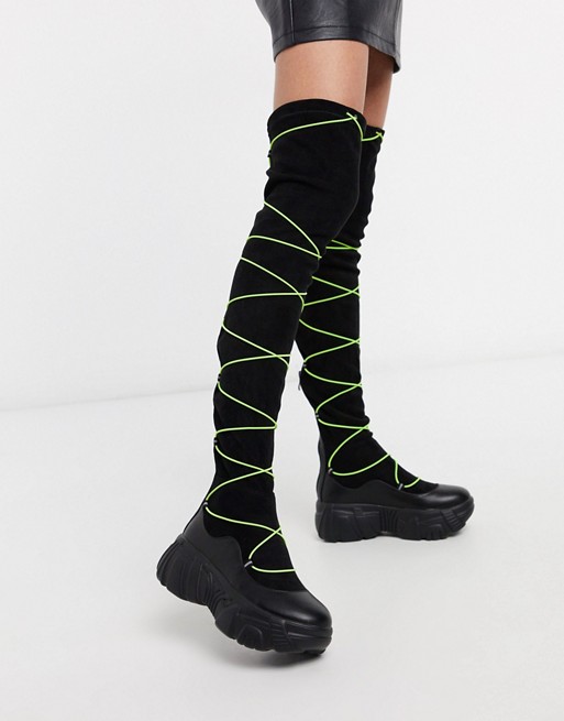 Koi Footwear Cyber Fox vegan over the knee boot in black with fluoro lacing