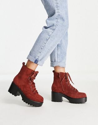 Koi Footwear Dionne lace up chunky heeled boots in rust