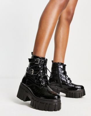Koi lace up buckle heeled boots in black