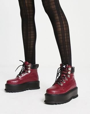 Koi Footwear lace up flatform boots in red croc