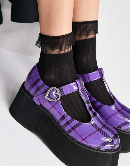 Koi Footwear mary-jane flatform shoes in purple check print | ASOS