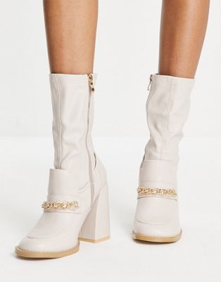 Koi Footwear Piper slim block heel loafer boots in cream - ASOS Price Checker