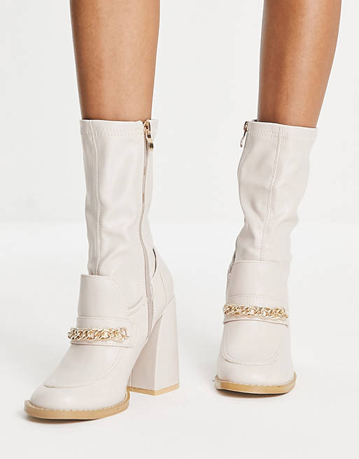 Koi Footwear Piper slim block heel loafer boots in cream