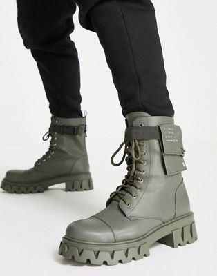 Koi Footwear side pocket lace up boots in khaki