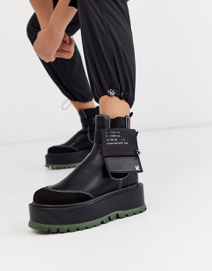Koi Footwear - Vegan Army Girl - sorte og kakigrønne ankelstøvler med plateausål