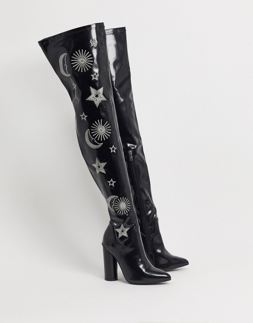 Koi Footwear vegan Astrid over the knee boots in black and silver