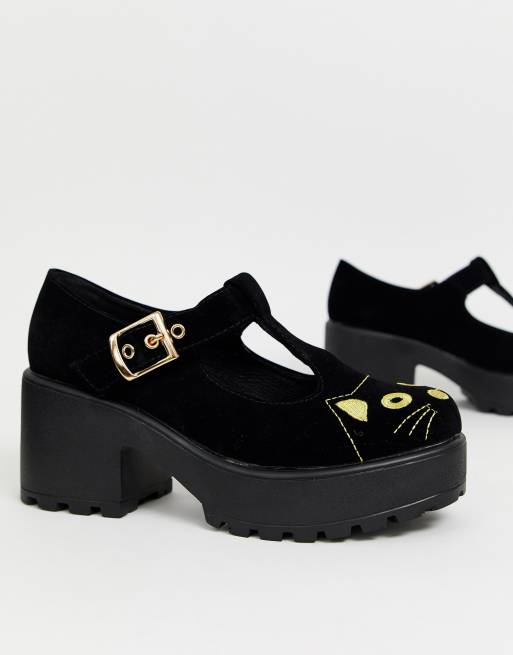 Koi Footwear vegan cat face mary jane heeled shoes in black ASOS