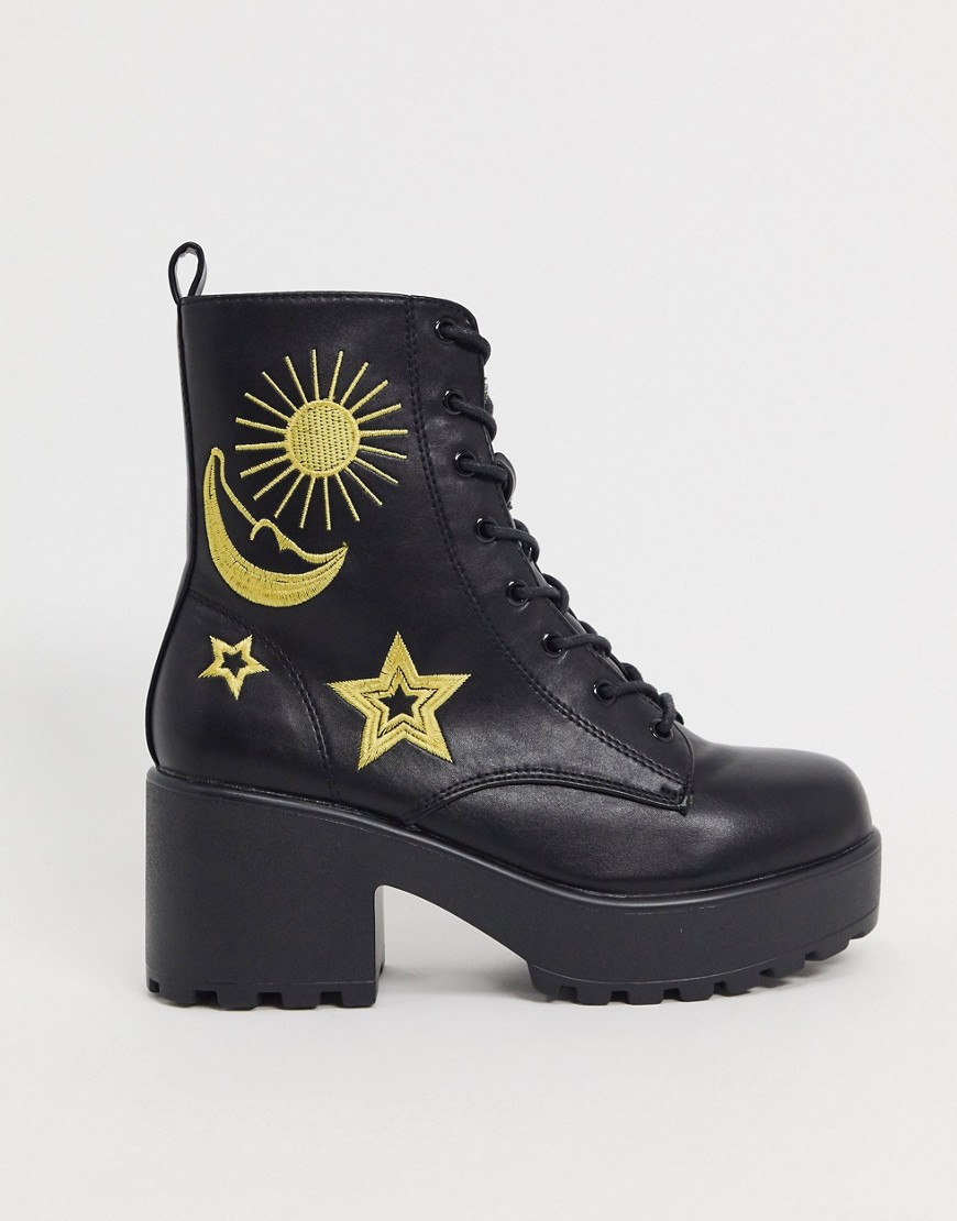 Koi Footwear vegan celestial chunky ankle boots in black and gold