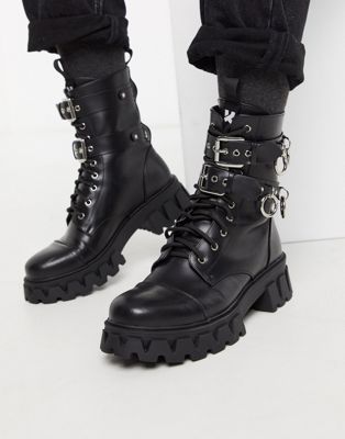 Koi Footwear Vegan chunky lace up boots with metal rings in black