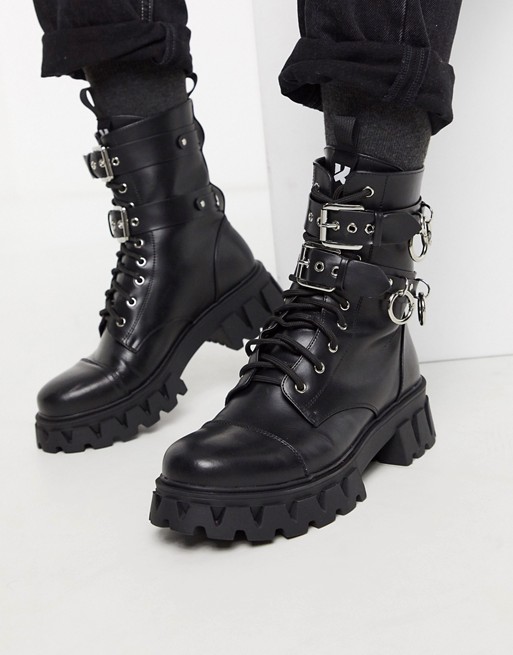 Koi Footwear Vegan chunky lace up boots with metal rings in black | ASOS